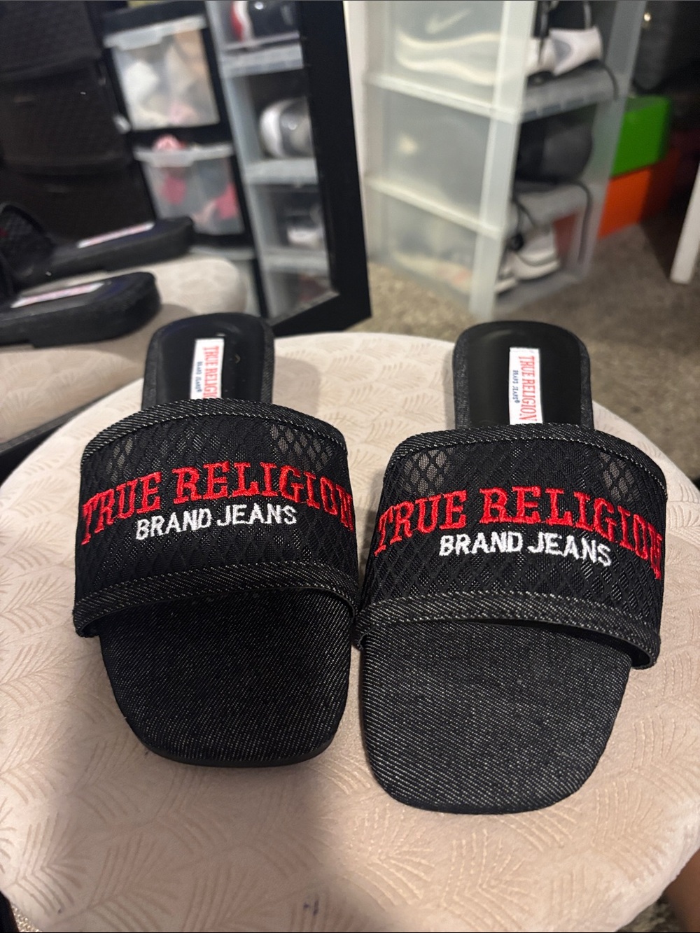 True Religion Black Denim Slides with Red Embroidered Logo